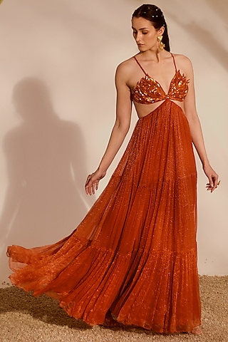 Rust Orange Shimmer Chiffon Embroidered Gown by Silky Bindra at Pernia ...