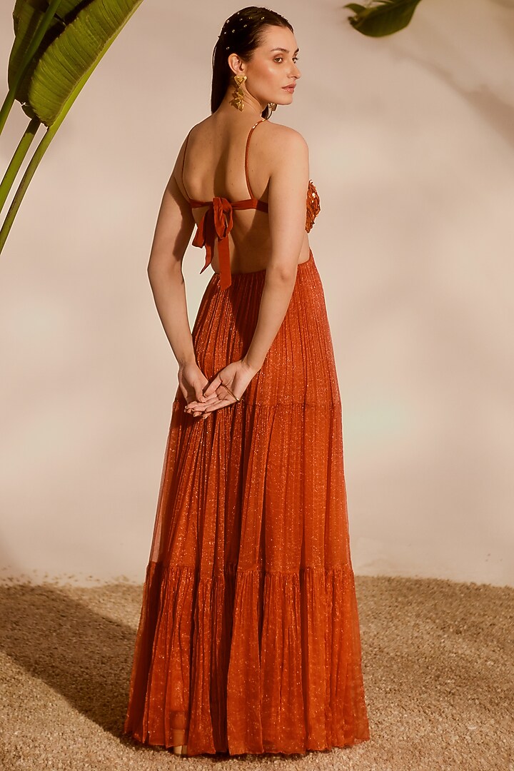 Rust Orange Shimmer Chiffon Embroidered Engagement Gown by Silky Bindra at Pernia's Pop Up Shop
