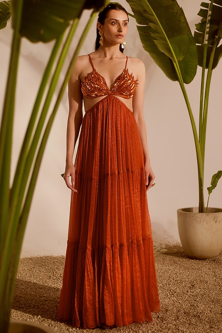 Rust Orange Shimmer Chiffon Embroidered Engagement Gown by Silky Bindra at Pernia's Pop Up Shop
