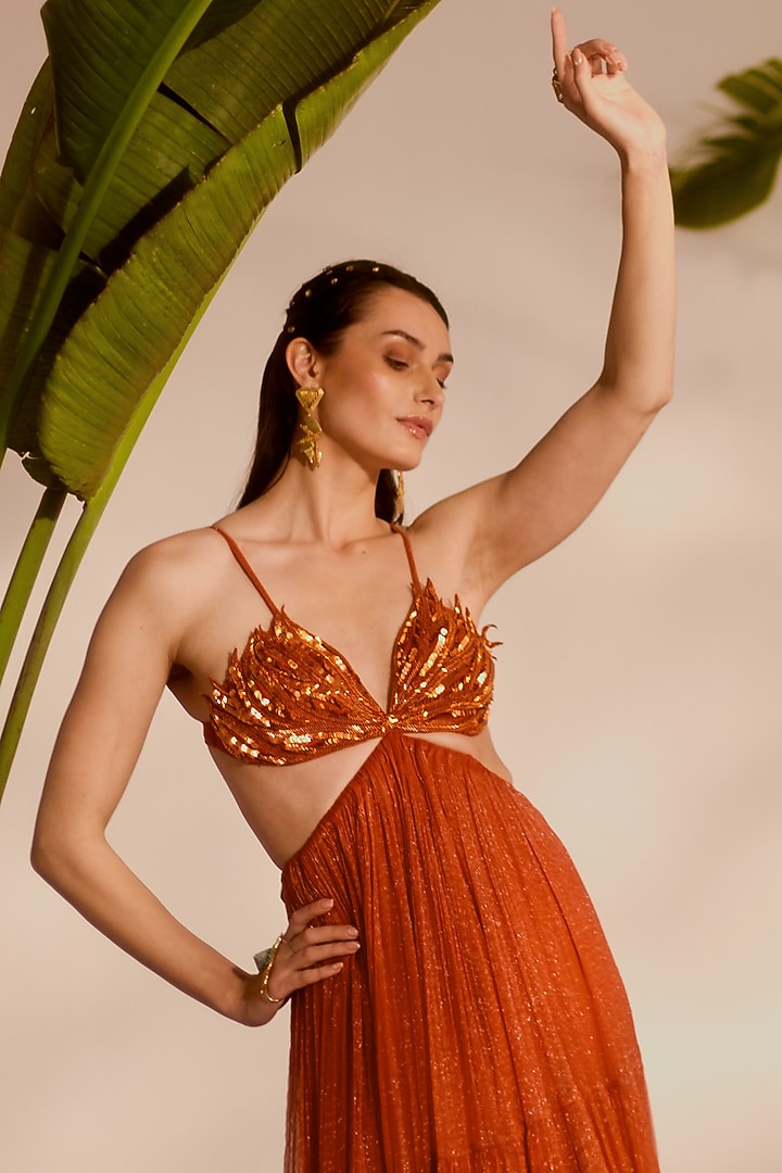 Rust Orange Shimmer Chiffon Embroidered Engagement Gown by Silky Bindra at Pernia's Pop Up Shop
