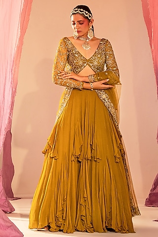Mehendi Green Soft Net & Georgette Frilled Lehenga Set by Silky Bindra
