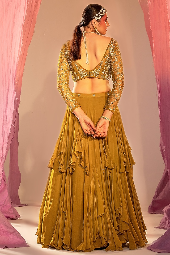 Mehendi Green Soft Net & Georgette Frilled Wedding Lehenga Set by Silky Bindra at Pernia's Pop Up Shop