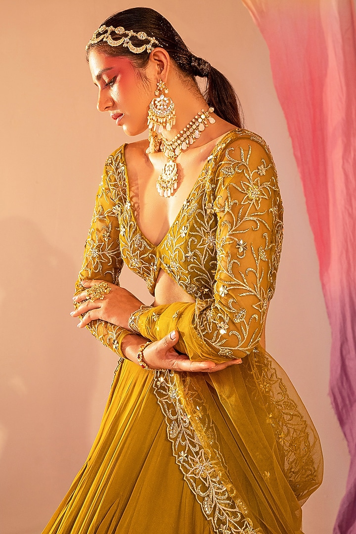 Mehendi Green Soft Net & Georgette Frilled Wedding Lehenga Set by Silky Bindra at Pernia's Pop Up Shop