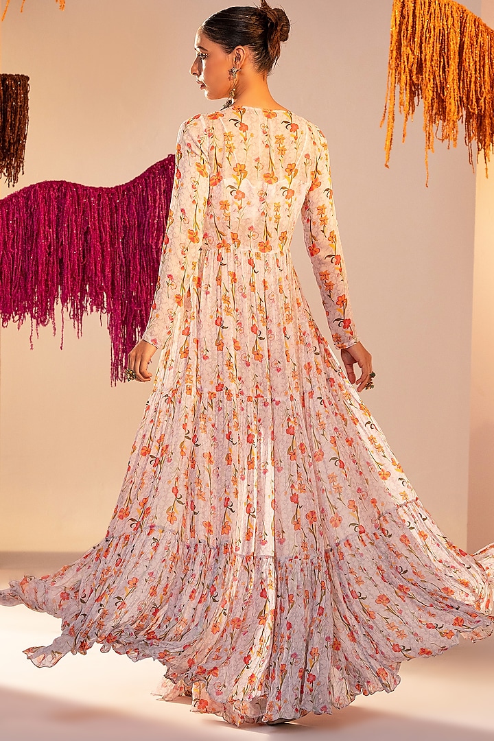 White Georgette Printed Embroidered Jacket Set by Silky Bindra