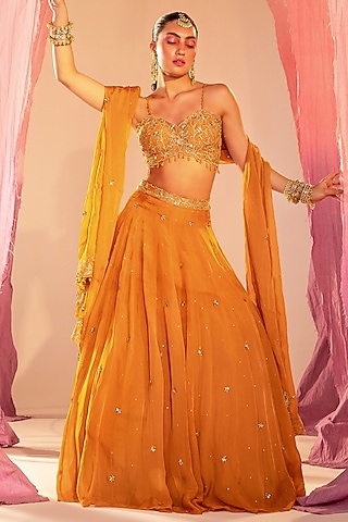 Yellow Organza & Shantoon Lehenga Set by Silky Bindra