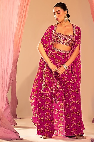 Red Georgette & Shantoon Printed Cape Set by Silky Bindra