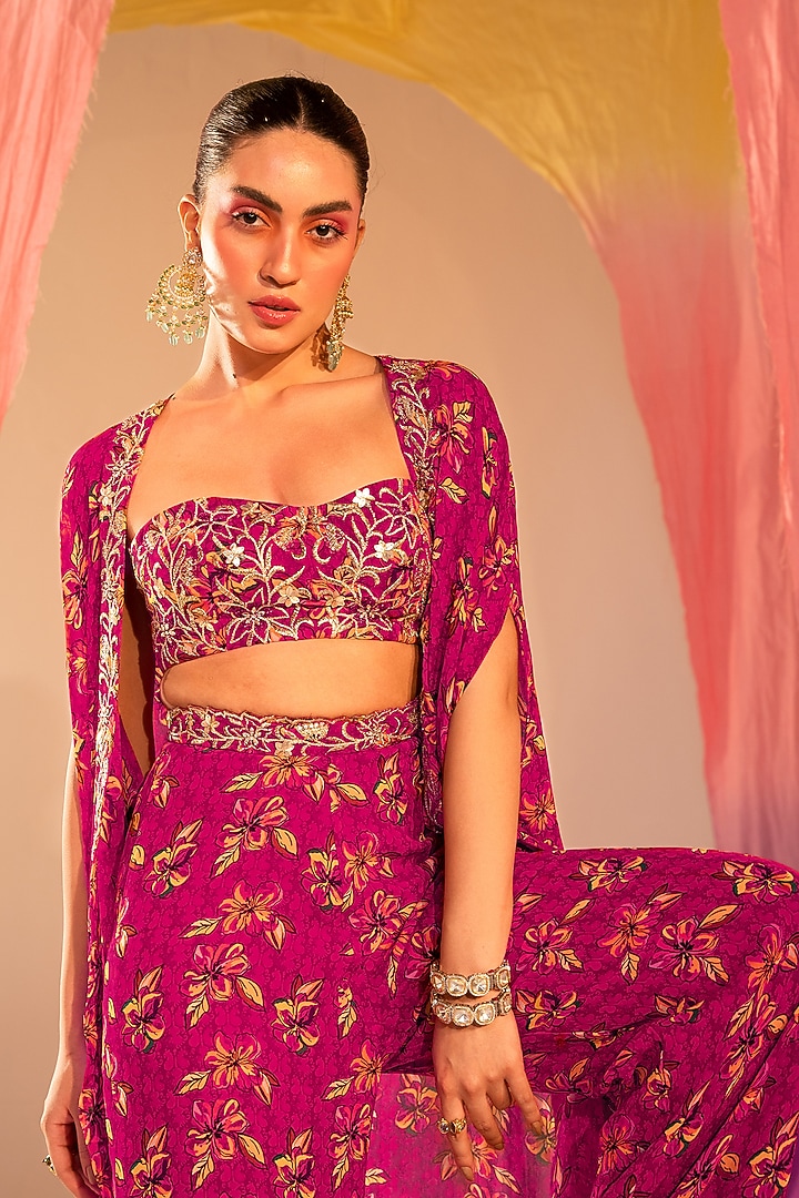 Red Georgette & Shantoon Printed Cape Set by Silky Bindra at Pernia's Pop Up Shop