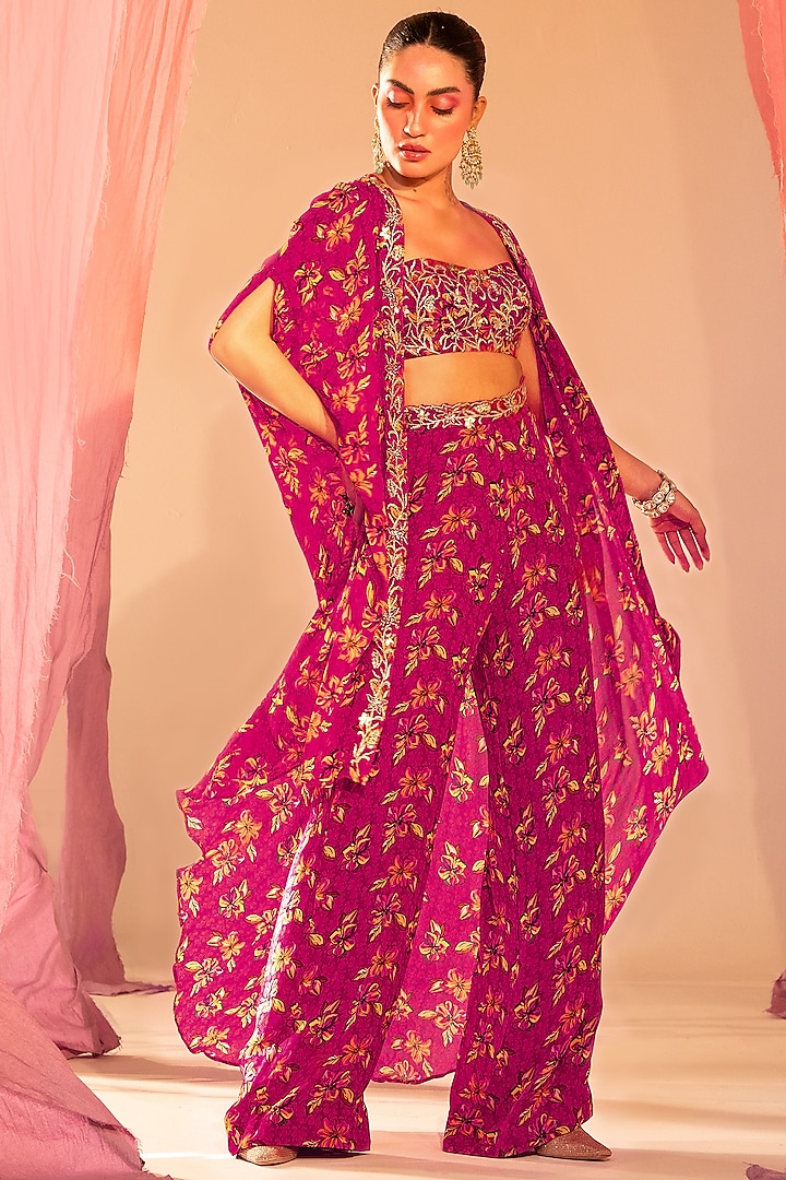 Red Georgette & Shantoon Printed Cape Set by Silky Bindra at Pernia's Pop Up Shop