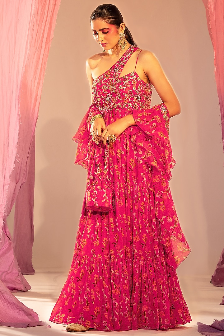 Rani Pink Georgette Printed & Embroidered One-Shoulder Anarkali Set by Silky Bindra