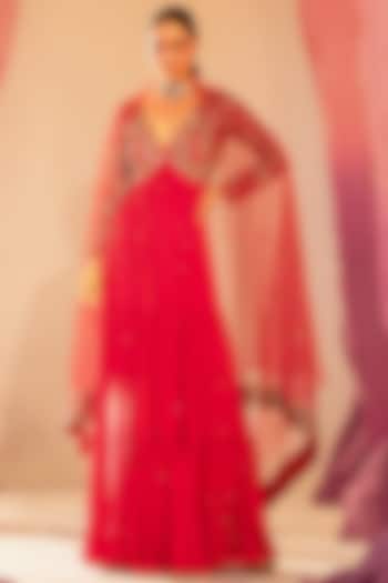 Rani Pink Georgette & Shantoon Embroidered Tiered Wedding Anarkali Set by Silky Bindra at Pernia's Pop Up Shop