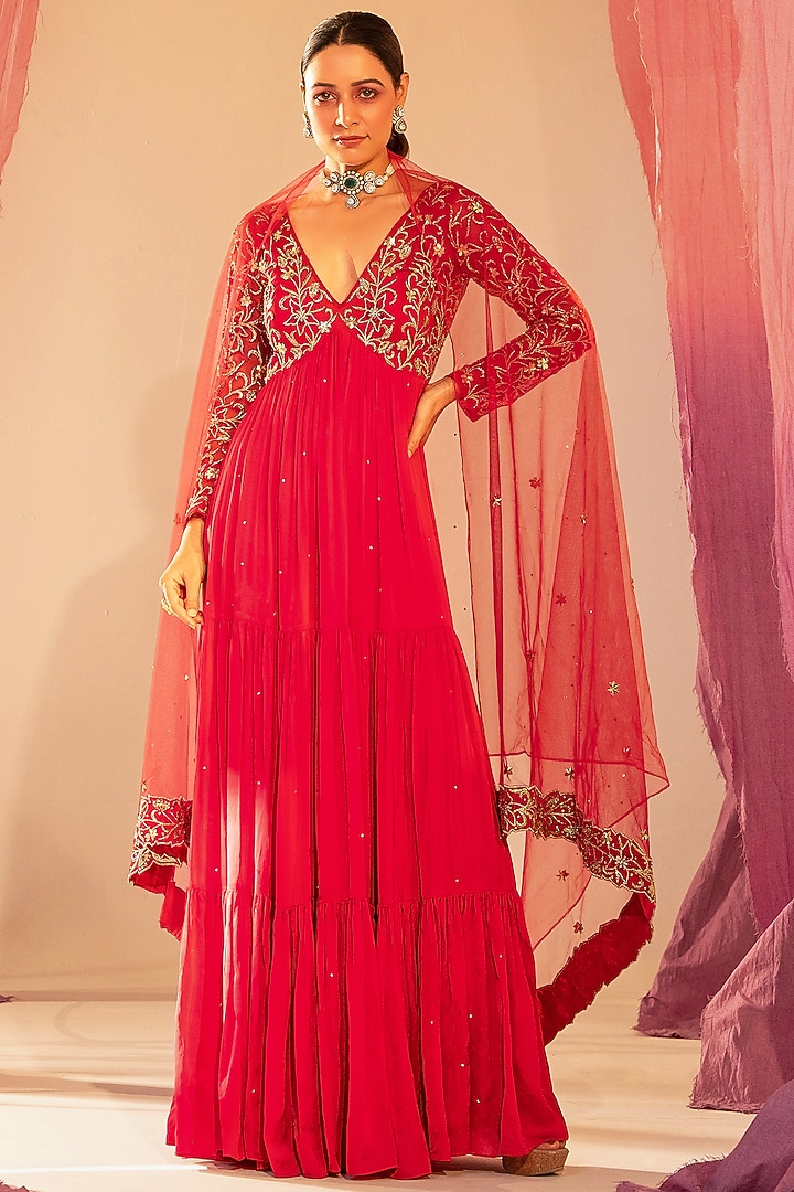 Rani Pink Georgette & Shantoon Embroidered Tiered Wedding Anarkali Set by Silky Bindra at Pernia's Pop Up Shop