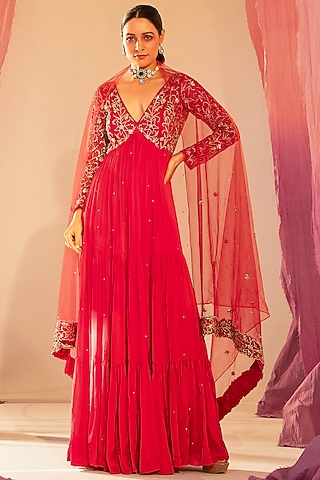 Rani Pink Georgette & Shantoon Embroidered Tiered Anarkali Set by Silky Bindra