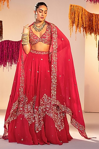 Rani Pink Organza & Shantoon Embroidered Lehenga Set by Silky Bindra