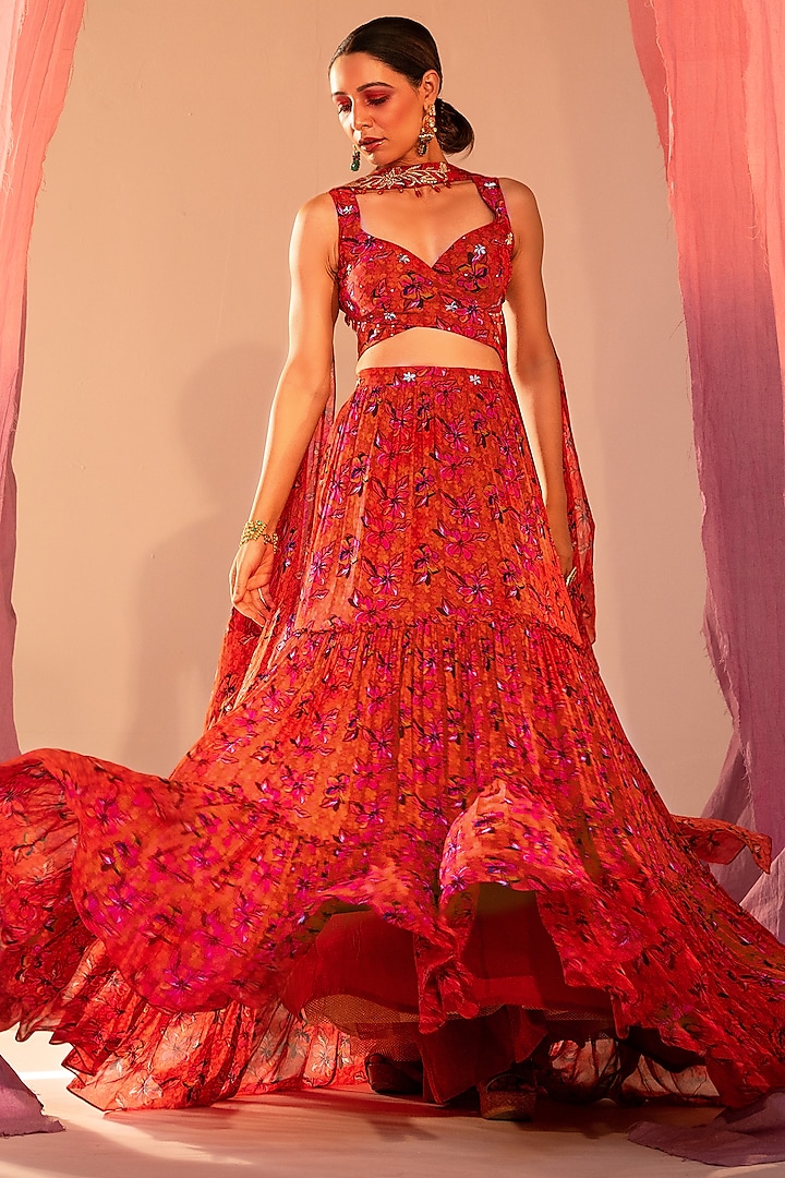 Rust Orange Georgette & Shantoon Printed Tiered Wedding Lehenga Set by Silky Bindra at Pernia's Pop Up Shop