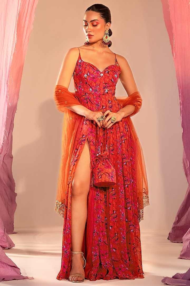 Rust Orange Georgette Printed Anarkali Set by Silky Bindra