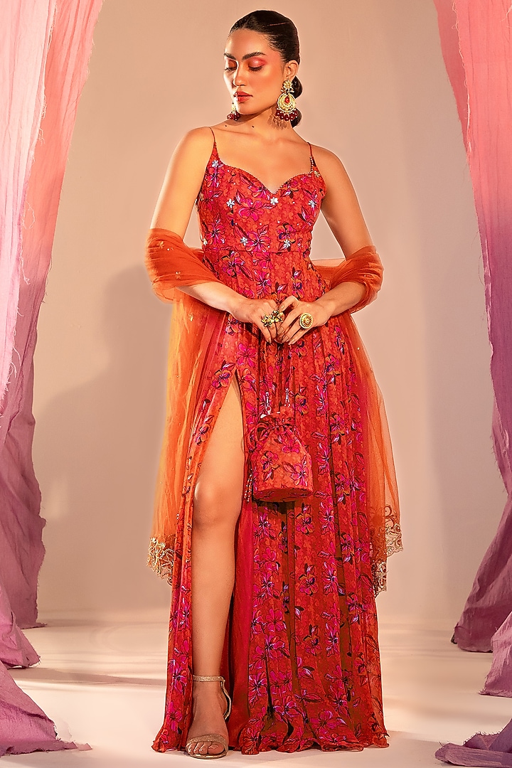 Rust Orange Georgette Printed Anarkali Set by Silky Bindra at Pernia's Pop Up Shop