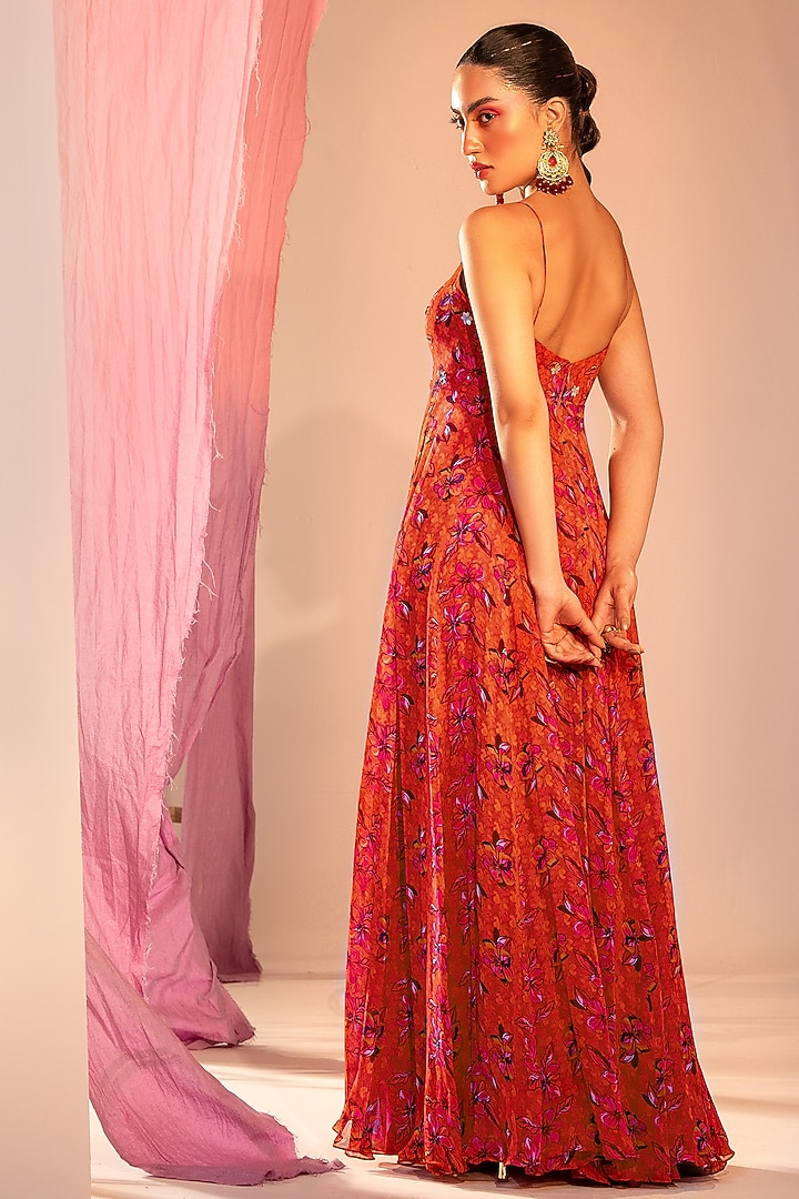 Rust Orange Georgette Printed Wedding Anarkali Set by Silky Bindra at Pernia's Pop Up Shop