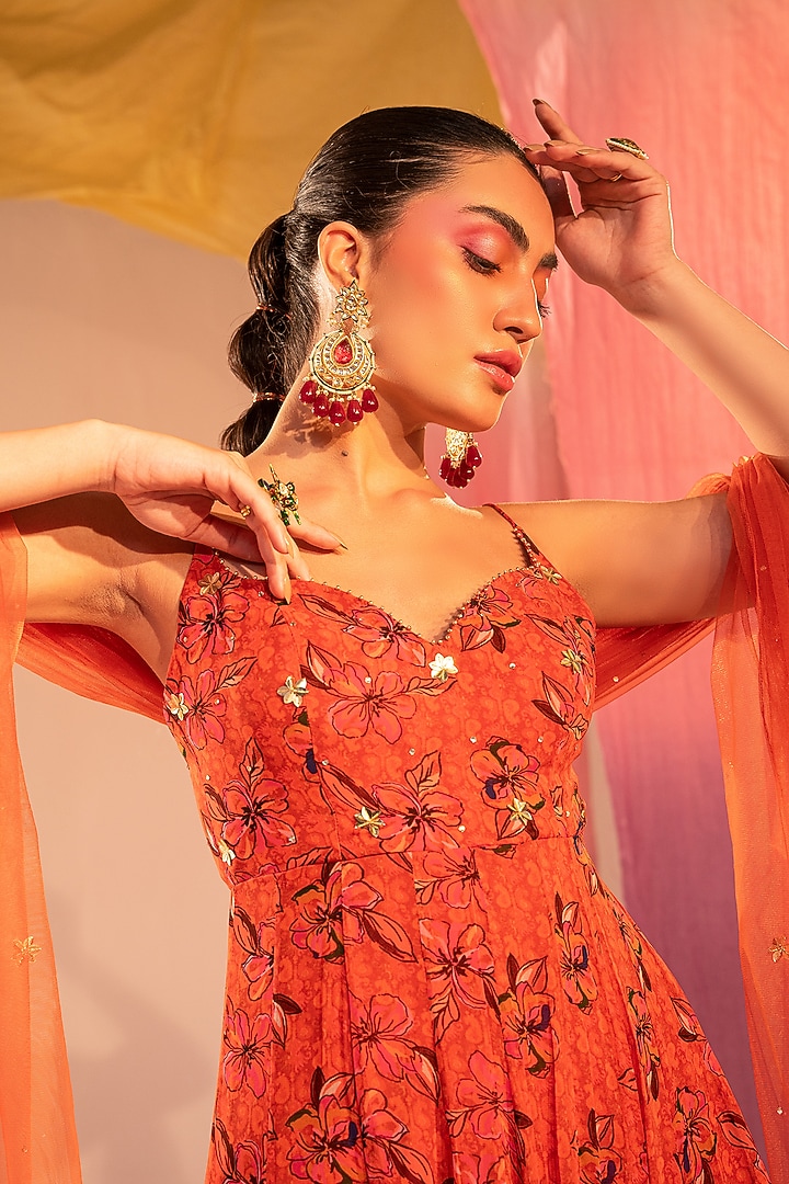 Rust Orange Georgette Printed Wedding Anarkali Set by Silky Bindra at Pernia's Pop Up Shop