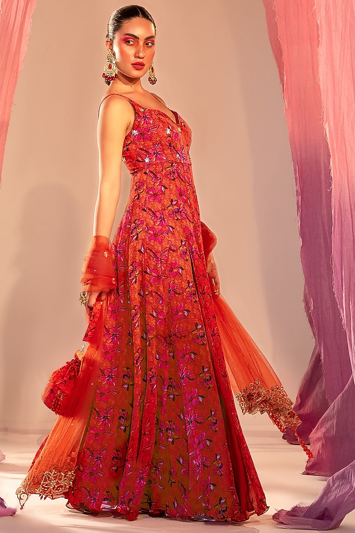 Rust Orange Georgette Printed Wedding Anarkali Set by Silky Bindra at Pernia's Pop Up Shop