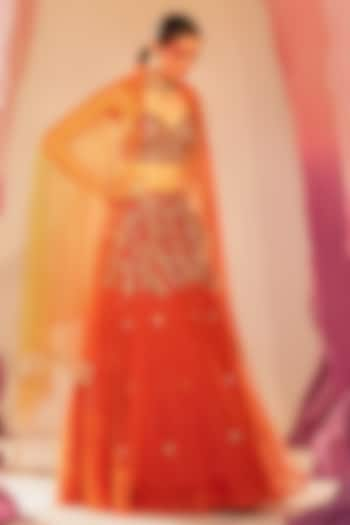 Rust Orange Net & Shantoon Embroidered Wedding Lehenga Set by Silky Bindra at Pernia's Pop Up Shop