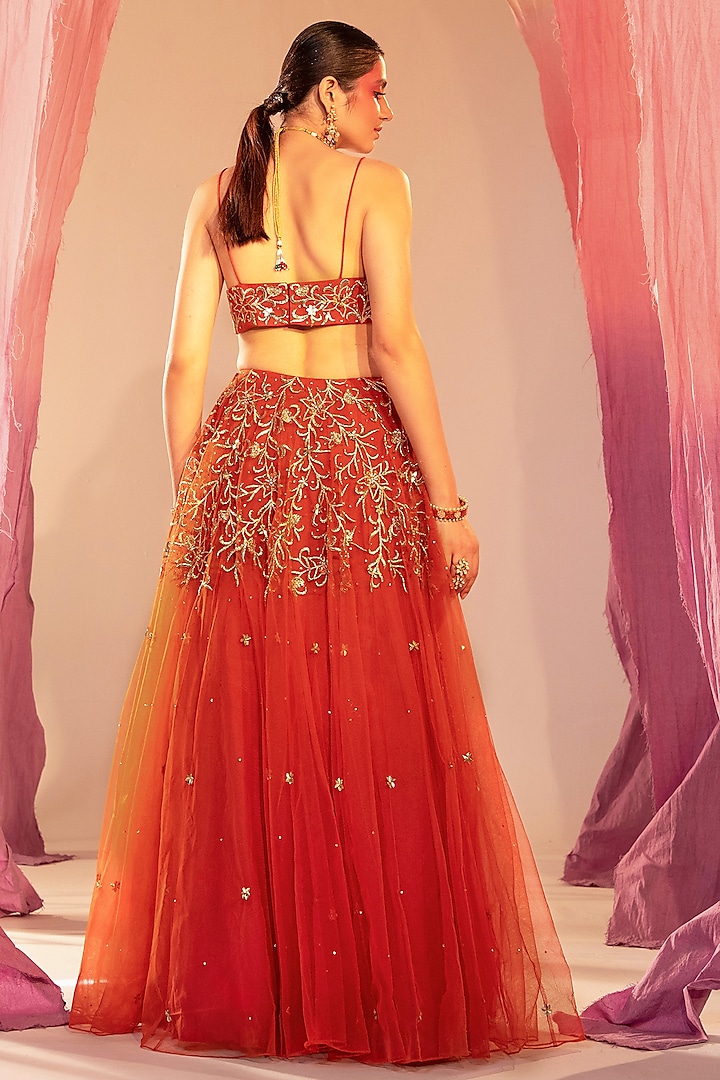 Rust Orange Net & Shantoon Embroidered Wedding Lehenga Set by Silky Bindra at Pernia's Pop Up Shop