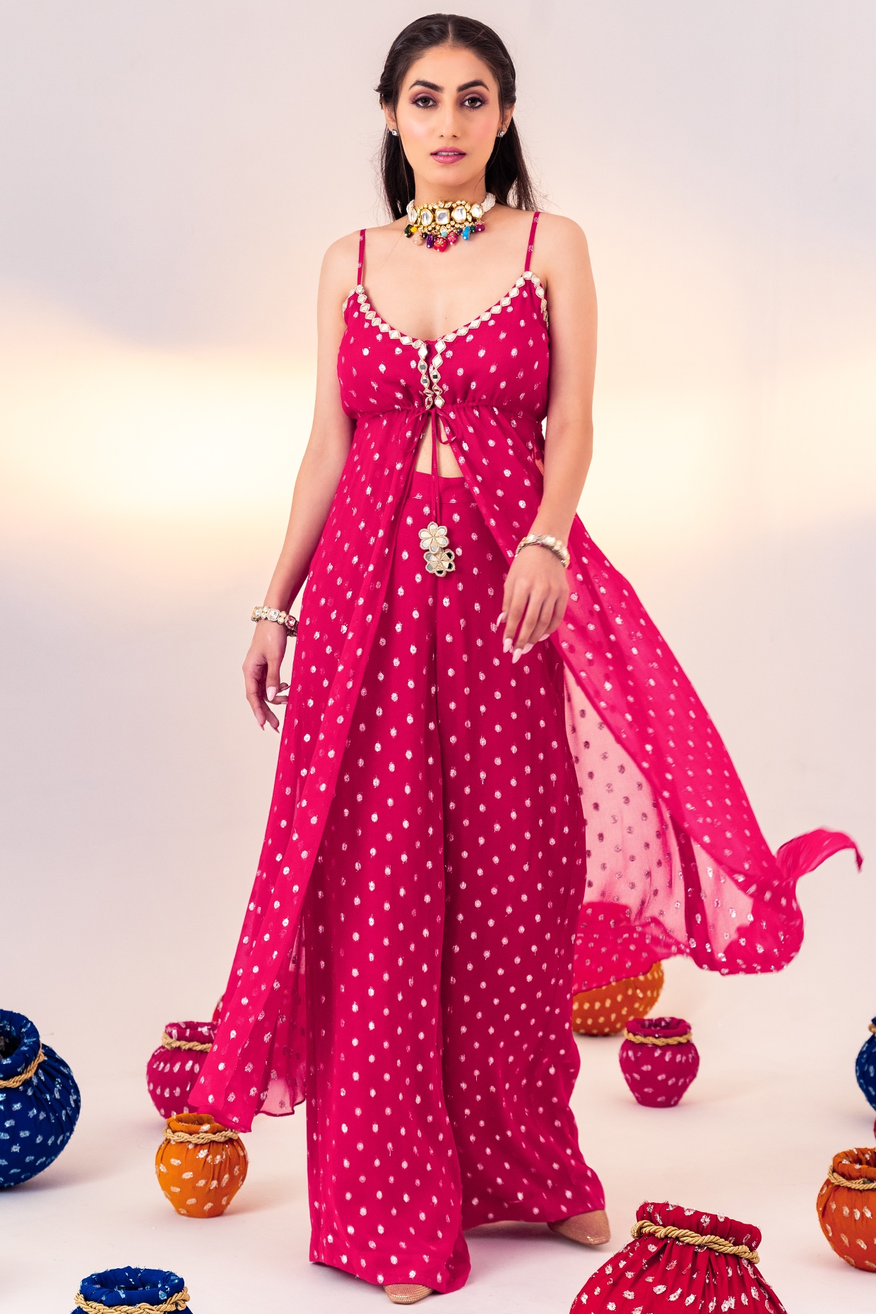 Buy Silky Bindra Rani Pink Georgette & Shantoon Embroidered Tunic Set at  Redfynd