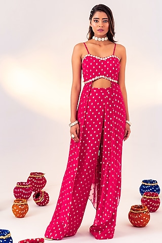 Rani Pink Georgette & Shantoon Co-Ord Set by Silky Bindra