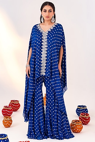 Royal Blue Georgette & Shantoon Gharara Set by Silky Bindra