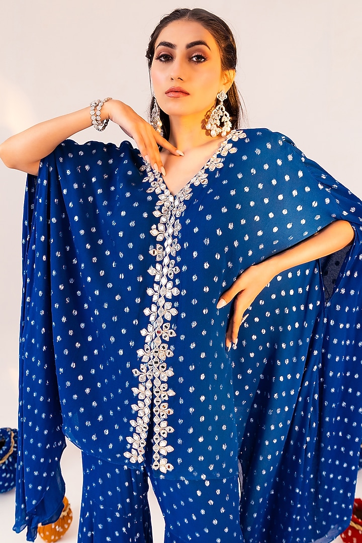 Royal Blue Georgette & Shantoon Gharara Set by Silky Bindra at Pernia's Pop Up Shop
