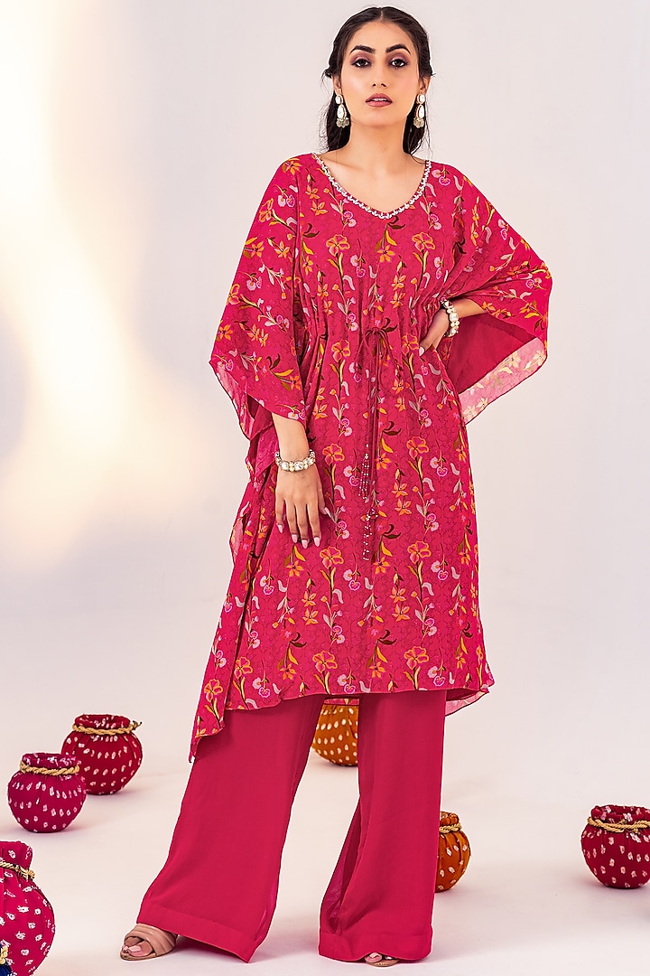 Pink Georgette & Shantoon Printed Kaftan Set by Silky Bindra