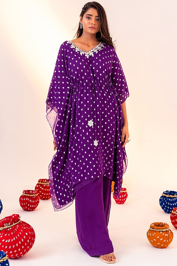 Purple Georgette & Shantoon Embroidered Kaftan Set by Silky Bindra
