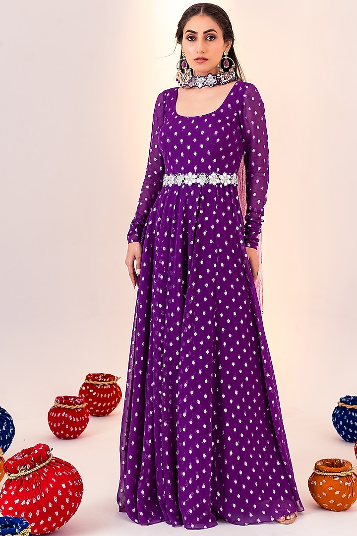 Purple Georgette & Shantoon Embroidered Anarkali Set by Silky Bindra at Pernia's Pop Up Shop