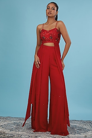 Red Crepe & Tulle Pant Set by Silky Bindra