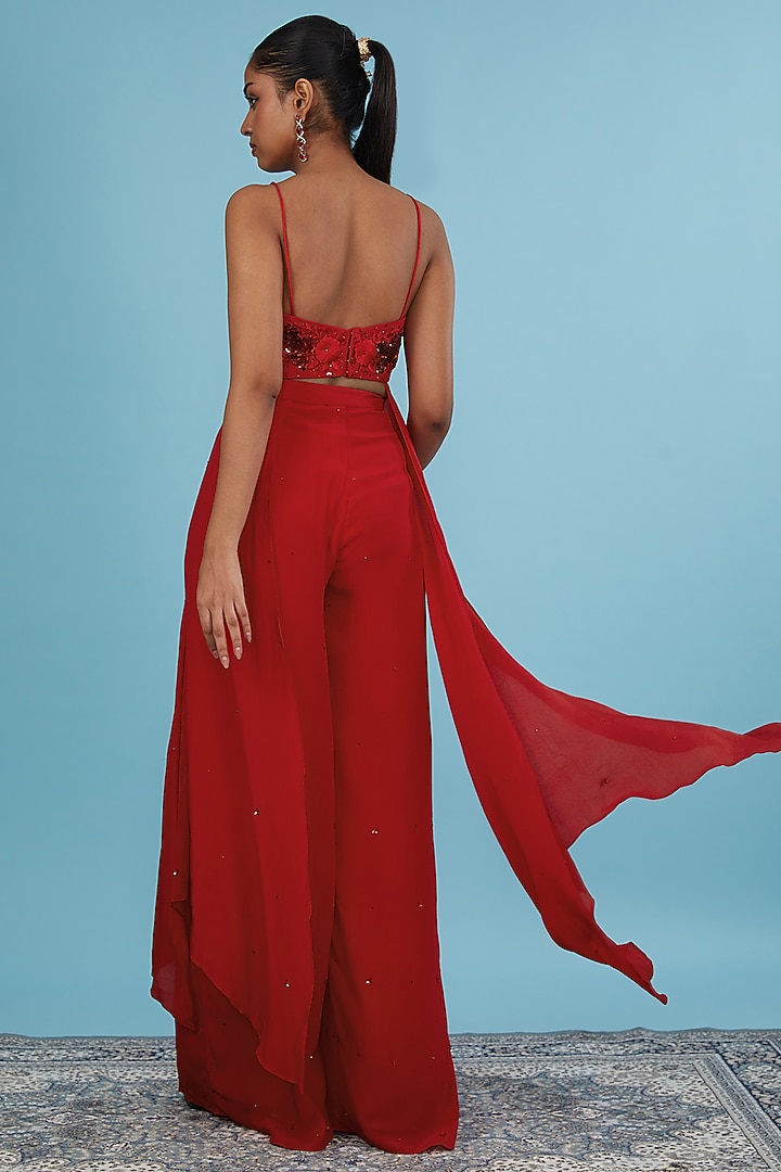 Red Crepe & Tulle Pant Set by Silky Bindra at Pernia's Pop Up Shop
