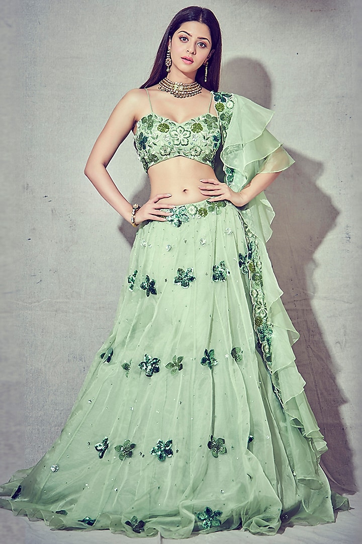 Tea Green Floral Embroidered Lehenga Set by Silky Bindra