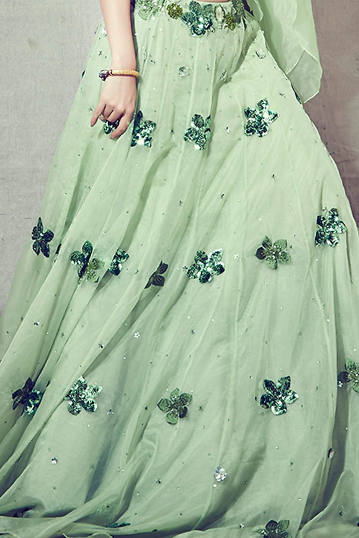 Tea Green Floral Embroidered Wedding Lehenga Set by Silky Bindra at Pernia's Pop Up Shop