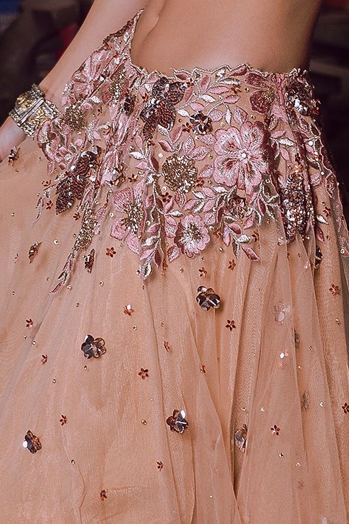 Beige Floral Embroidered Wedding Lehenga Set by Silky Bindra at Pernia's Pop Up Shop