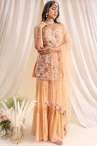 Tuscan Beige Georgette Tiered Sharara Set by Silky Bindra