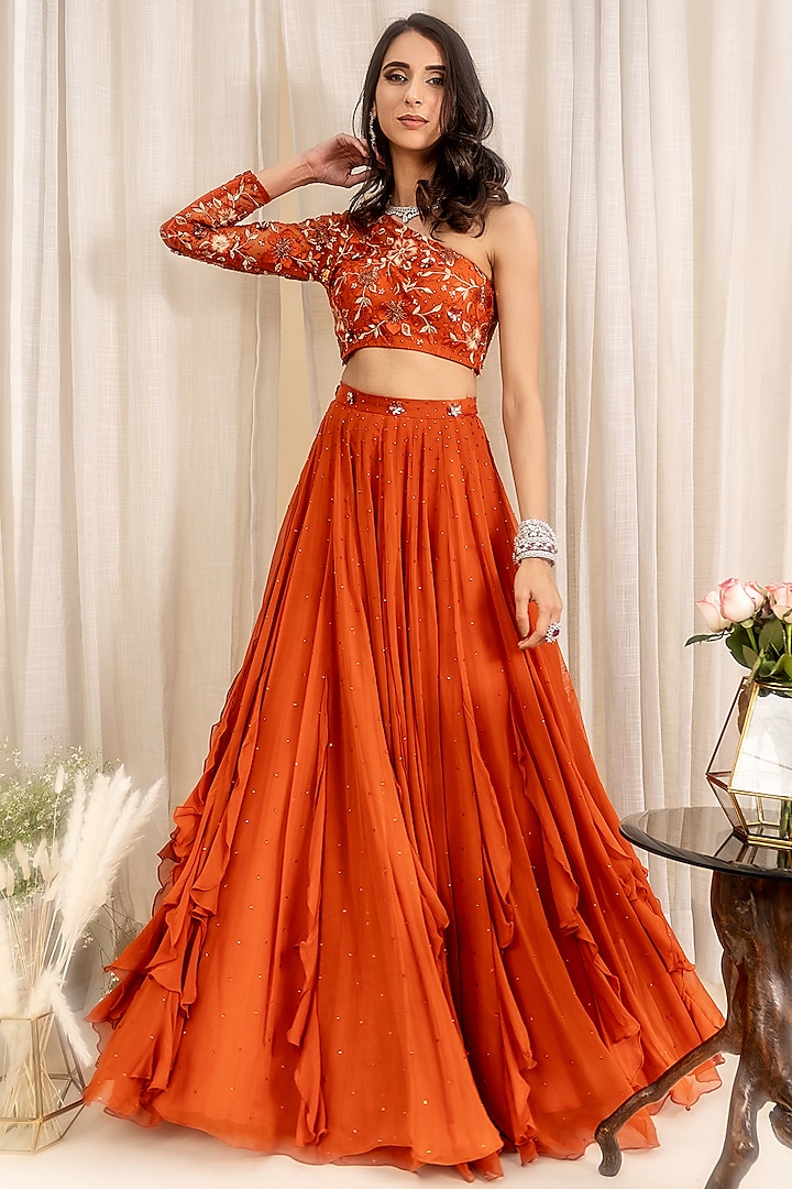 Blaze Orange Georgette Lehenga Set by Silky Bindra