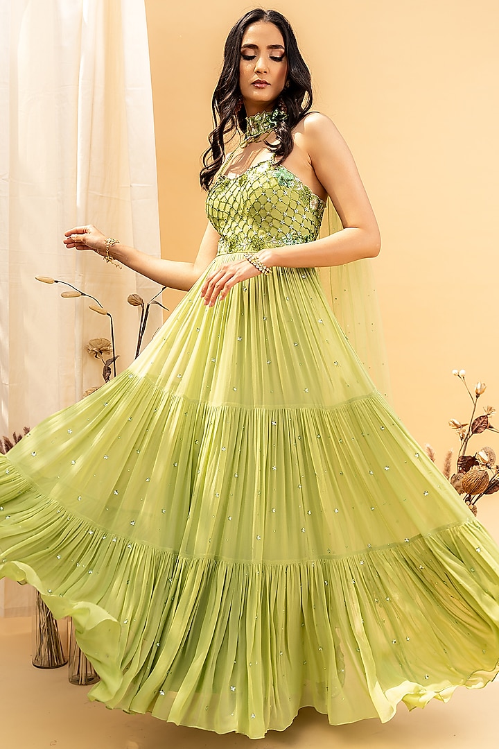 Celery Green Embroidered Tiered Corset Anarkali Set by Silky Bindra
