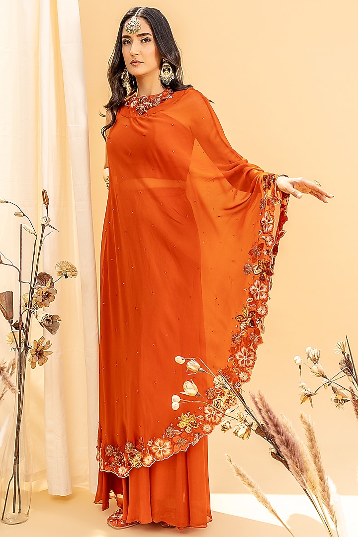 Bright Orange Georgette & Shantoon Palazzo Pant Set by Silky Bindra at Pernia's Pop Up Shop