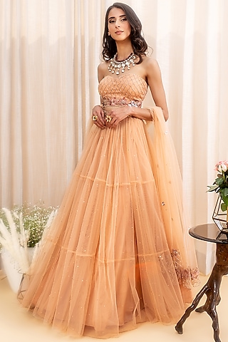 Tuscan Beige Net Tiered Lehenga Set by Silky Bindra