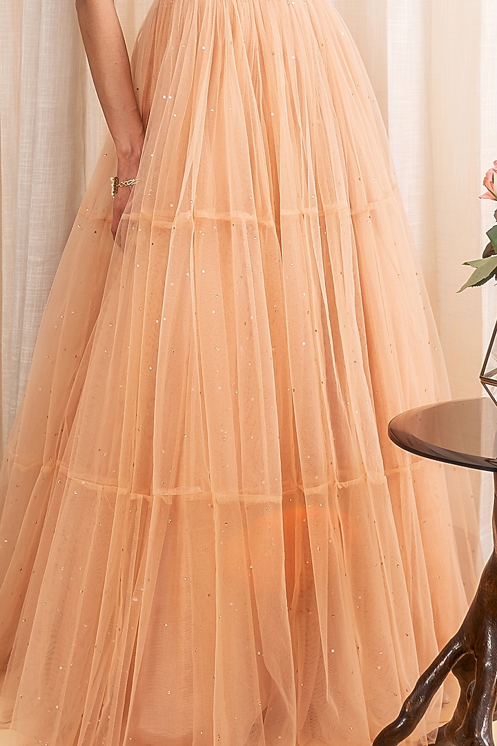 Tuscan Beige Net Tiered Wedding Lehenga Set by Silky Bindra at Pernia's Pop Up Shop