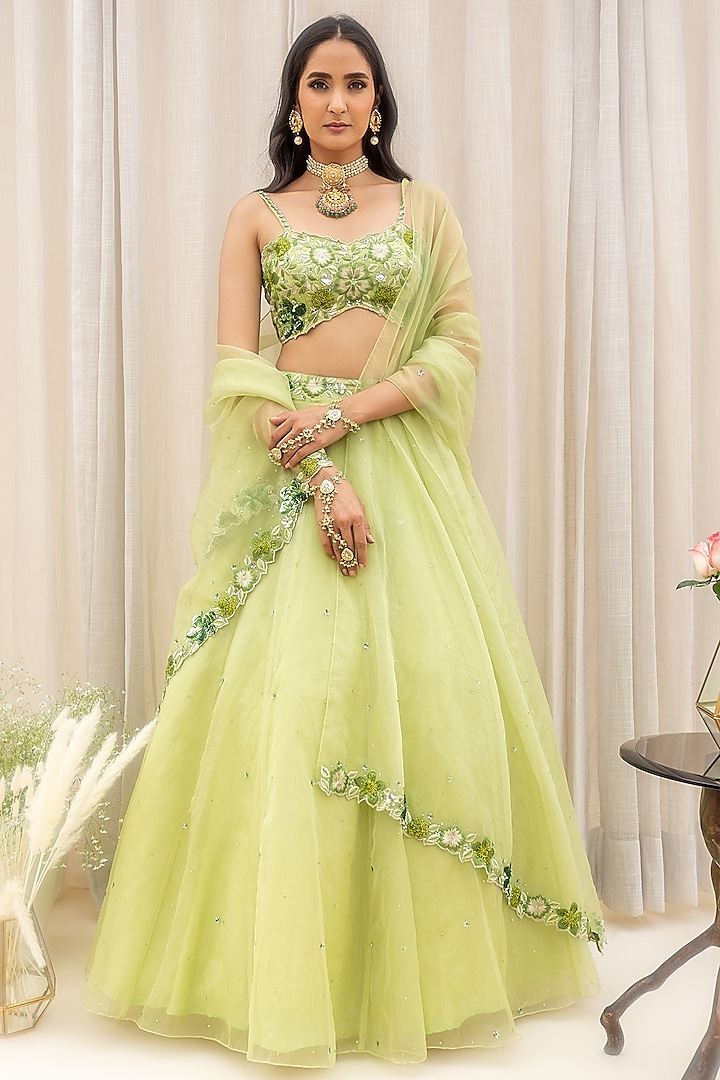 Wasabi Green Embroidered Belted Lehenga Set by Silky Bindra