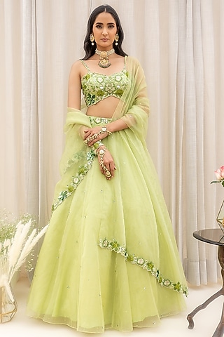 Wasabi Green Embroidered Belted Lehenga Set by Silky Bindra