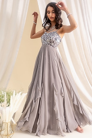 Grey Floral Embroidered Anarkali Set by Silky Bindra