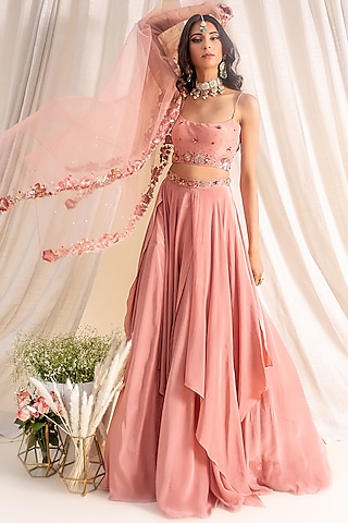 Plum Blossom Crepe Embroidered Draped Lehenga Set by Silky Bindra
