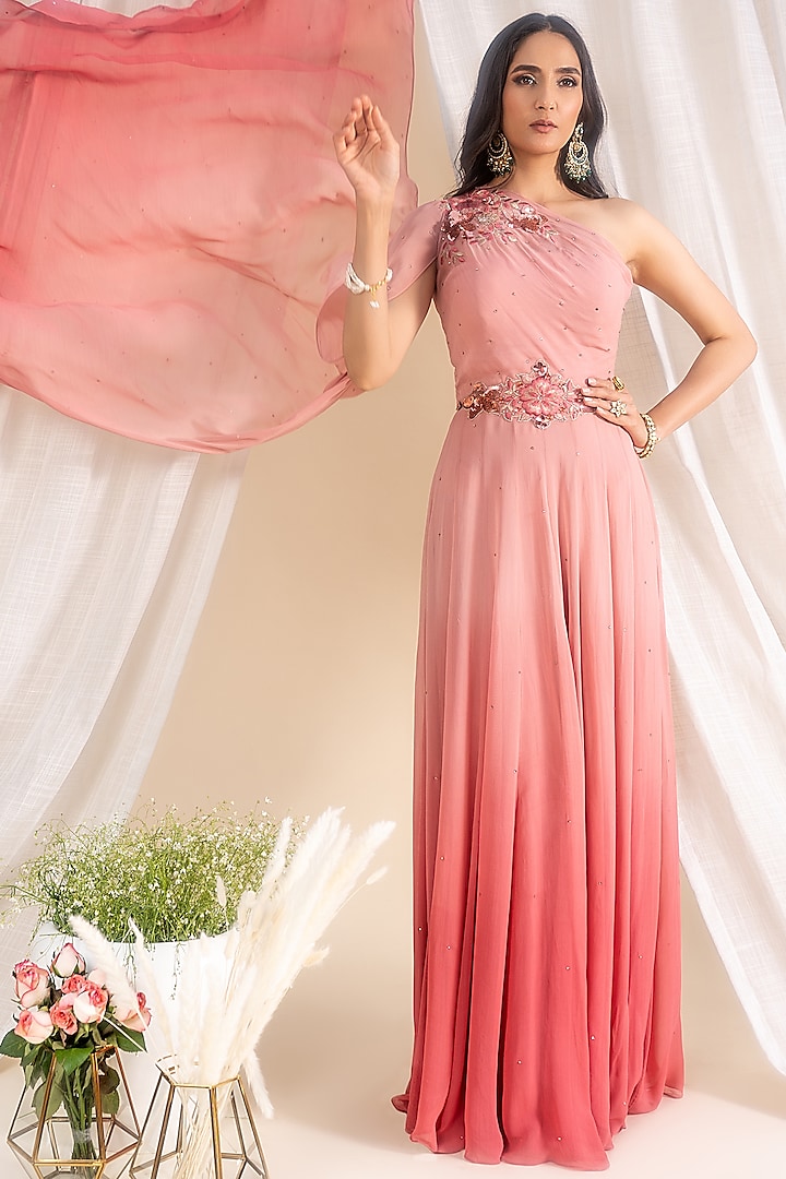 Light Coral Pink Ombre One-Shoulder Gown by Silky Bindra