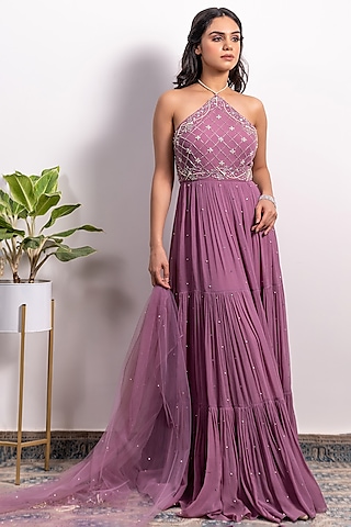 Purple Embroidered Anarkali Set by Silky Bindra