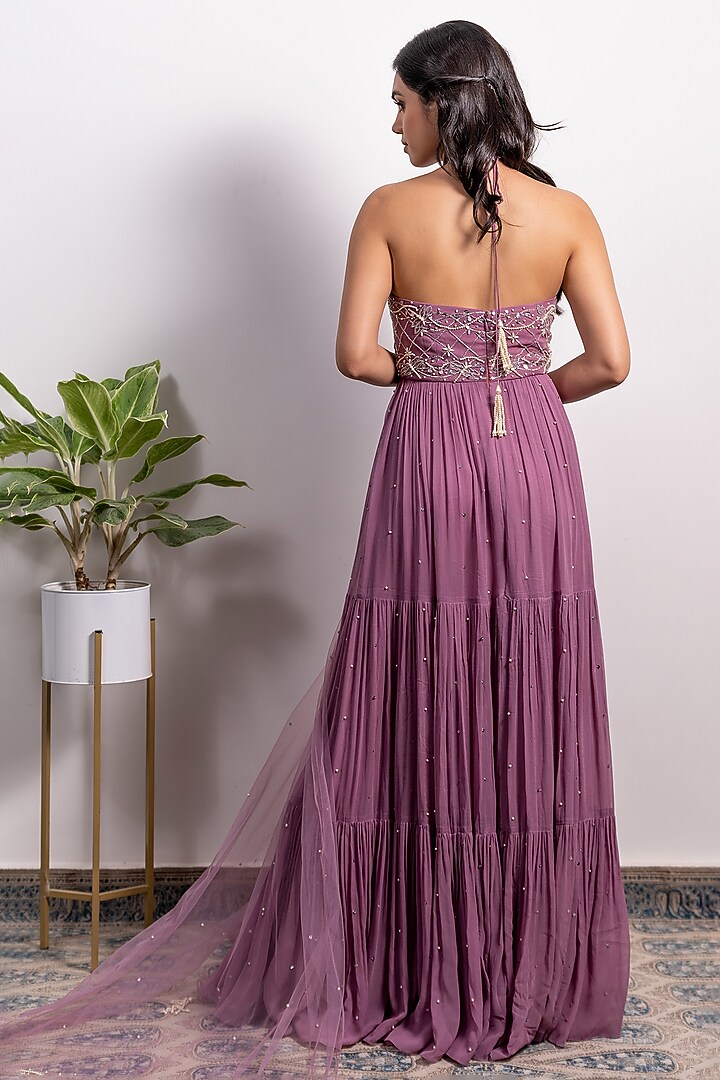 Purple Embroidered Wedding Anarkali Set by Silky Bindra at Pernia's Pop Up Shop